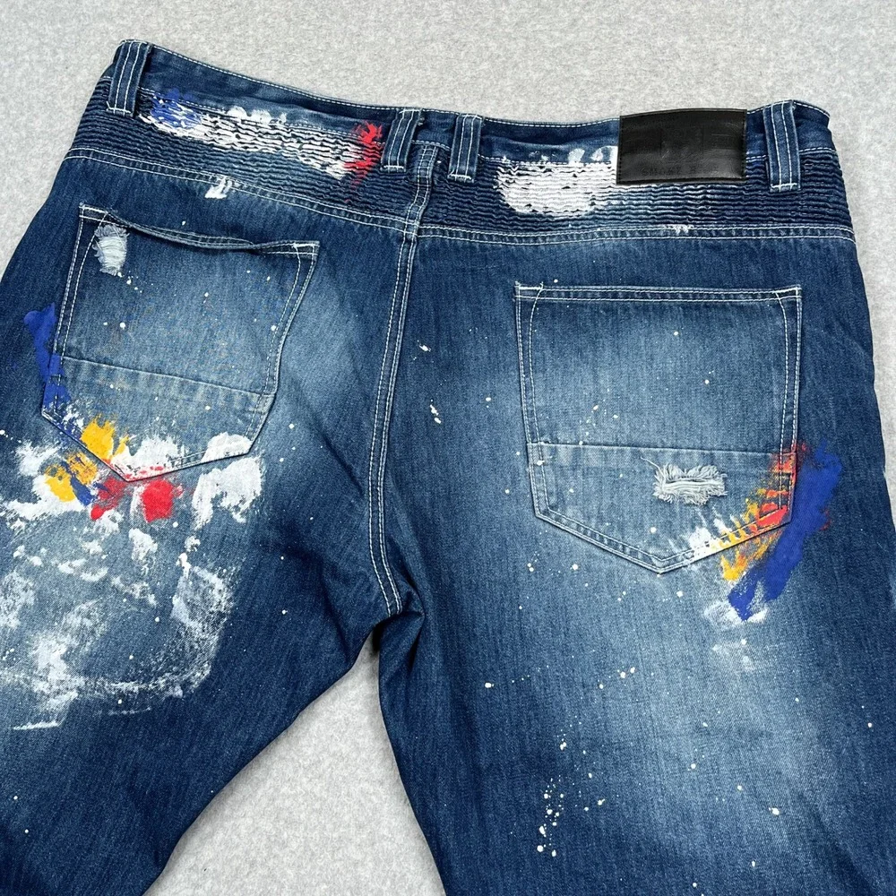 Smoke Rise Denim Jeans Mens 44 (43x32) Blue Paint Splatter Distressed Streetwear - Picture 11 of 13
